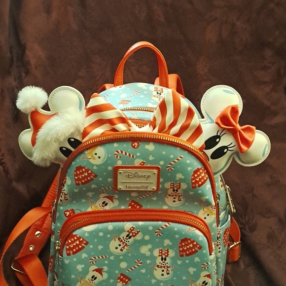 Loungefly Snowman Mickey & Minnie Mouse Mini Backpack With Ears Headband - Picture 2 of 15
